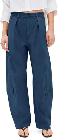 Aoysky High Waisted Barrel Pants for Women Casual Wide Leg Baggy Cargo Pants 100% Cotton Utility Trousers with Pockets