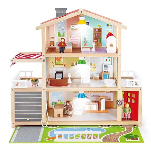 Jouet Hape Maison de Poupée en Bois - Famille de 4 Poupées Inclues avec 10 Pièces en Bois avec Lampes Amovibles et Sonnette - Jeu pour Enfant de 3 Ans et Plus
