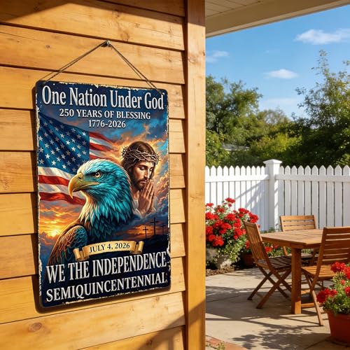 One Nation Under God 250 Years Of Blessing Semiquincentennial Jesus Eagle American Flag Tin Sign Vintage Patriotic Decor For Outdoor July Fourth Art 12 X 8 Inches by Generic - Image 6