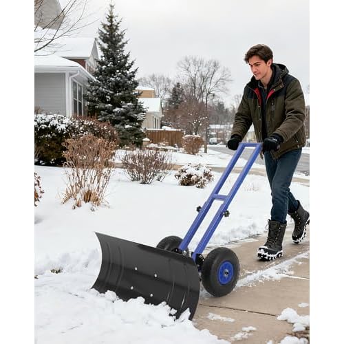 Snow Shovel with Wheels for Driveway, 29" W X 14" H Heavy Duty Double Rod Push Snow Plow Shovel, Angle & Height Adjustable Handle, Snow Removal for Dr