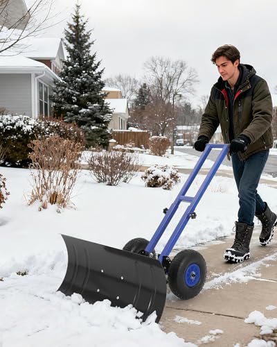 Snow Shovel with Wheels for Driveway, 29' W X 14' H Heavy Duty Double Rod Push Snow Plow Shovel, Angle & Height Adjustable Handle, Snow Removal for Driveway Sidewalk Yard, Blue & Black