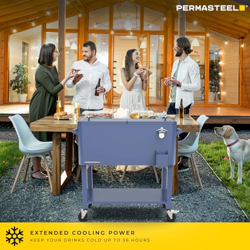 Permasteel Party Cooler with Divider, Removable Basin, Spacious 80-Qt Capacity, Chills 36hrs, Serving Tray, Rolling Ice Chest for Indoor & Outdoor, Matte Blue by Permasteel - Image 3