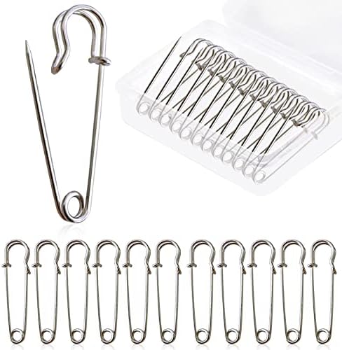 12PCS Large Safety Pins, Metal Heavy Duty Safety Blanket Pins Kilt Pins with Plastic Case for Crafts Clothes Blankets Skirts Brooch Jewelry Making, Nickel(50mm)