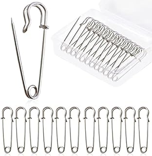 12PCS Large Safety Pins, Metal Heavy Duty Safety Blanket Pins Kilt Pins with Plastic Case for Crafts Clothes Blankets Skirts Brooch Jewelry Making, Nickel(50mm)