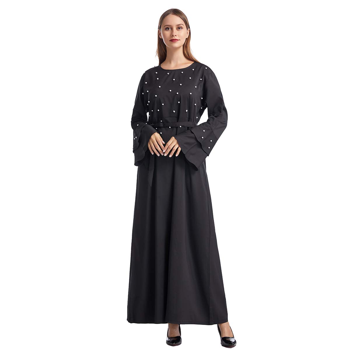 Arab Muslim Islamic Women's Long Sleeve Abaya Robe Waist Tie Stylish Long Maxi Dress Black TH937
