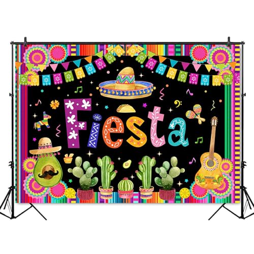 Mocsicka Mexican Fiesta Color Stripes Backdrop Cinco De Mayo Fiesta Theme Background Carnival Colorful Flags Floral Banner Party Decorations Banner Photo Studio Props (Black, 7x5ft) - Thumbnail 2