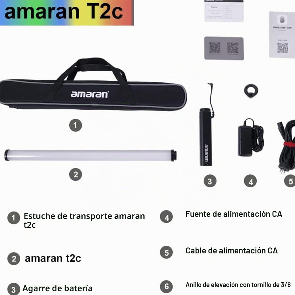 Amaran T2c Tubo de Luz LED en Color de 0,6 m con Salida RGBWW de 20 W, 475 Lux a 1m (5600 K), con 95+ CRI, 98+ TLCI y Aplicación Sidus Link para Creadores de Contenido y Cineastas