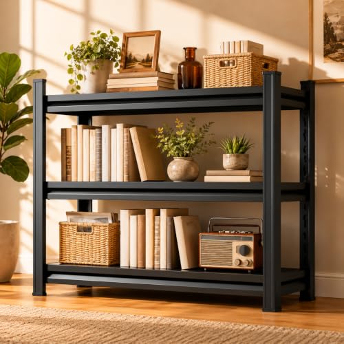 Image of Modern Metal Book Shelf, Heavy Duty Black Bookshelf, Bolt-Free Deep Bookcase for CDs Movies Garage Kit, Adjustable Bookshelf in Living Room, Bedroom, Kitchen, Office, 36 inch W x14 D x32 H