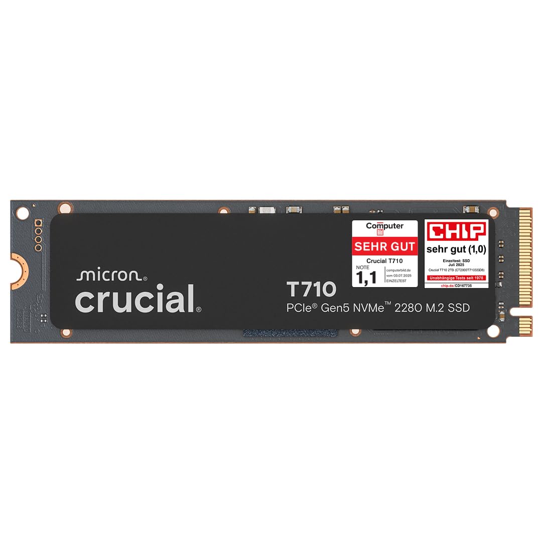 Crucial T710 SSD 2TB M.2 NVMe PCIe 5.0 x4 Gen5, bis zu 14.500 MB/s Lesen, 13.800 MB/s Schreiben, für Laptop und Desktop PC, TLC NAND, Interne Festplatte - CT2000T710SSD8-01