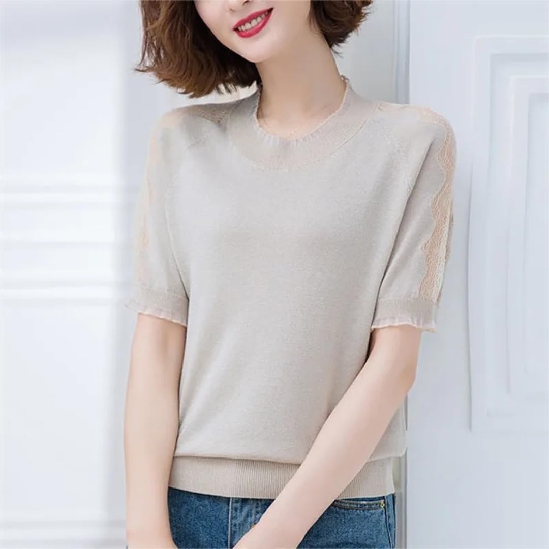 Maglieria estiva da donna a maniche corte in pizzo traforato girocollo casual top