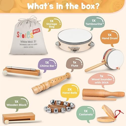 Stoie’s International Wooden Music Set, Percussion Kids Musical Instruments, Montessori Unique Play Toddler Musical Instruments for Kids Ages 3, 5, 9, 12- Baby Musical Toys, Baby Musical Instruments 1