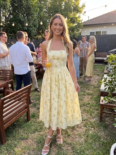 Image of Parthea Women's Floral Halter Corset Midi Dress 2026 Elegant Smocked Flowy Wedding Guest Dresses with Pockets