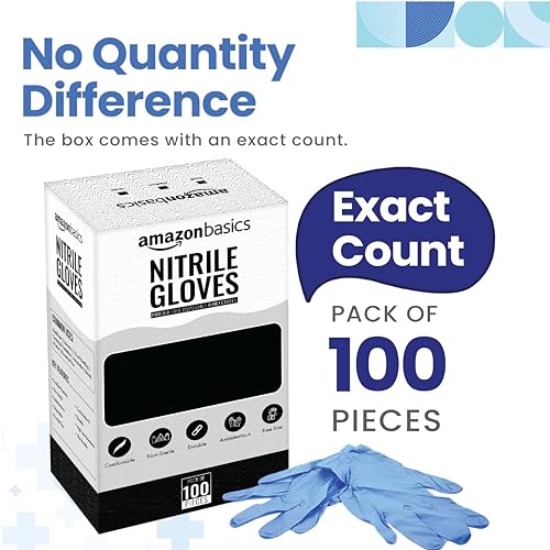 Image of amazon basics NITRILE DISPOSABLE AND POWDER FREE GLOVES - LATEX FREE-ALL PURPOSE /MEDICAL /EVERYDAY USE * (Pack of 100), Blue