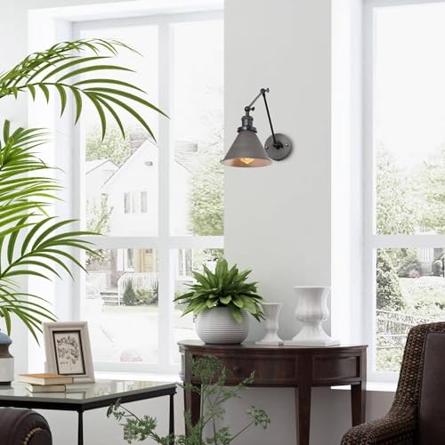 Image of LALUZ Black Wall Sconces Lighting, Modern Swing Arm Plug-in or Hardwired Adjustable Wall Lamp with Antique Silver Finish for Bedroom, Kitchen, and Living Room