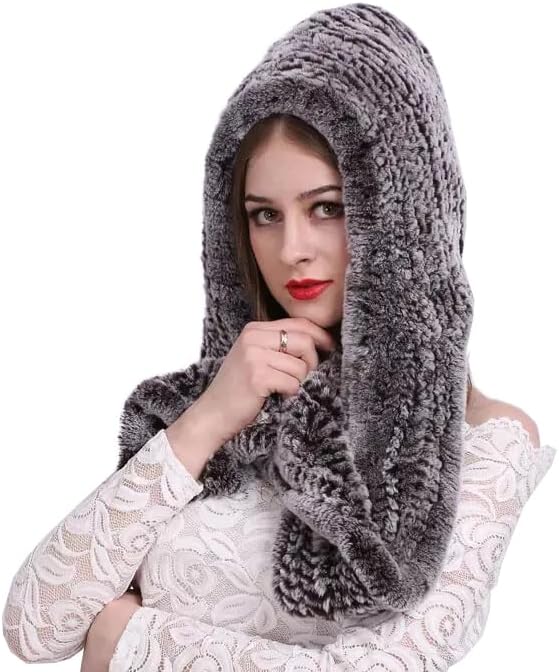 Real Rabbit Fur Hat for Women, Winter Warm Hat with Fur Collar, Scarf