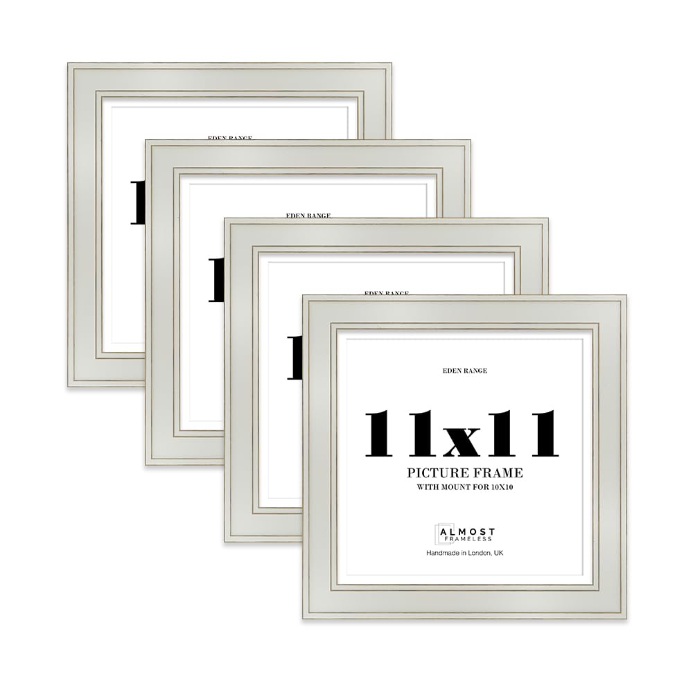 11x11" Light Grey Square Picture Frame with 10x10" Mount - Shabby Chic Photo Frame with Distressed Finish, Gold Trim, Wall Hooks and Kickstand, 37mm Edge - 4 Pack