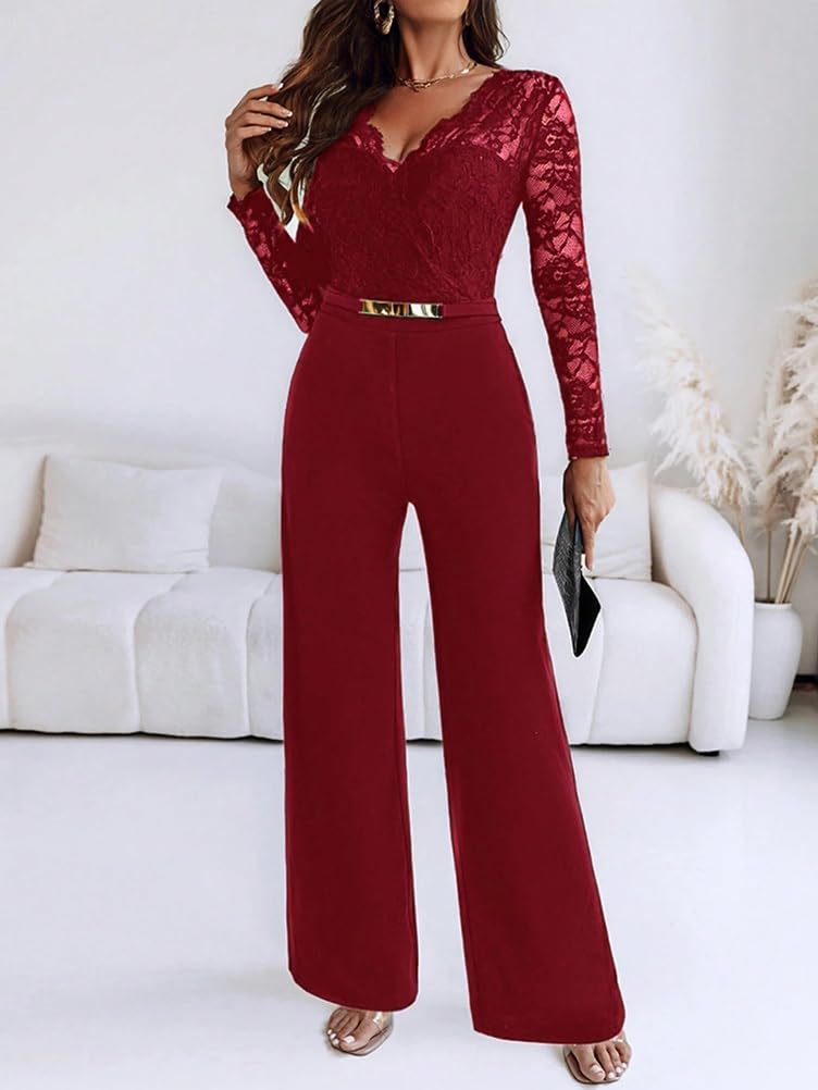 shownicer Combinaison Femme Chic Et Elegant Manches Longues Col V Jumpsuit Élégante Combinaison Pour Soirée Ensemble Pantalon