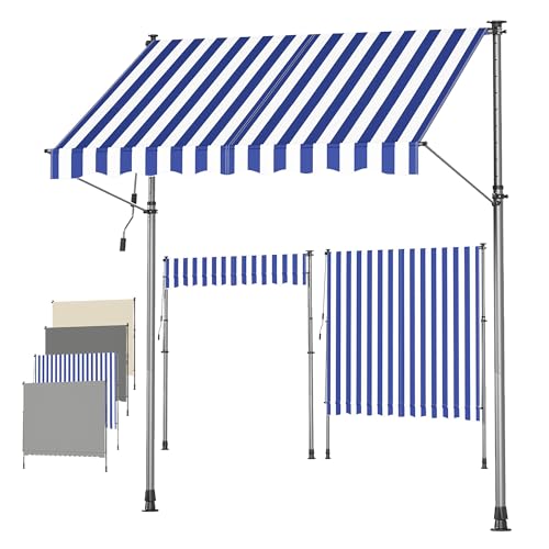 SONGMICS Store Banne Rétractable, Store Manuel, Réglable en Hauteur, avec Manivelle pour Balcon, Jardin, Terrasse, 250 x 120 cm, Bleu et Blanc GSA252QZ01