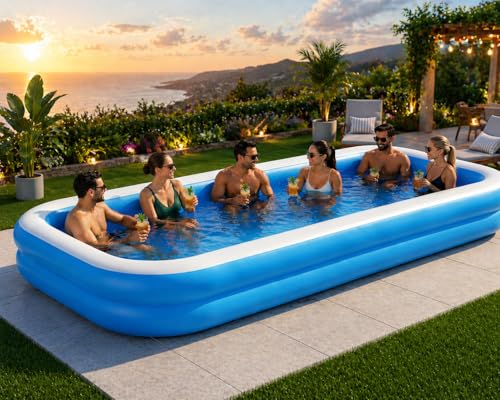 Image of Coku 10 Feet Rectangular Inflatable Swimming Pool for Kids & Adults | 3-Ring Extra Large Family Pool, Thick PVC Foldable Bathtub for Backyard, Garden, Indoor Outdoor Summer Use (Multicolor)