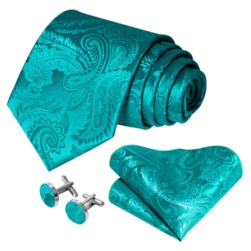 Image of 5PCS Mens Silk Designer Tie, Pocket Square, Cufflinks, Drilled Tie Ring and Lapel Pin Set for Wedding Groom Party