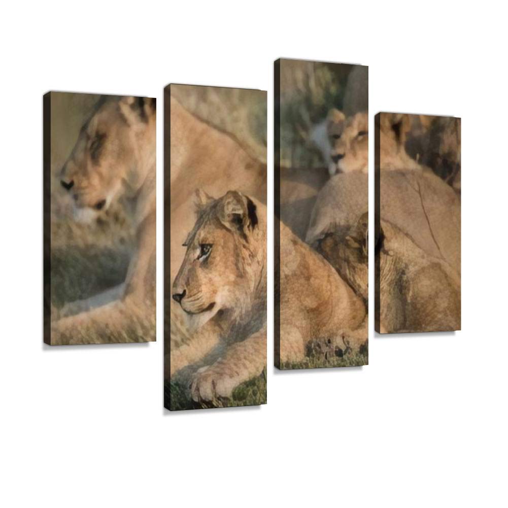 Pride of lions on termite hill in early morning light Xini lagoon, Canvas Print Artwork Wall Art Pictures Framed Digital Print Abstract Painting Room Home Office Decor Ready to Hang 4 Panel