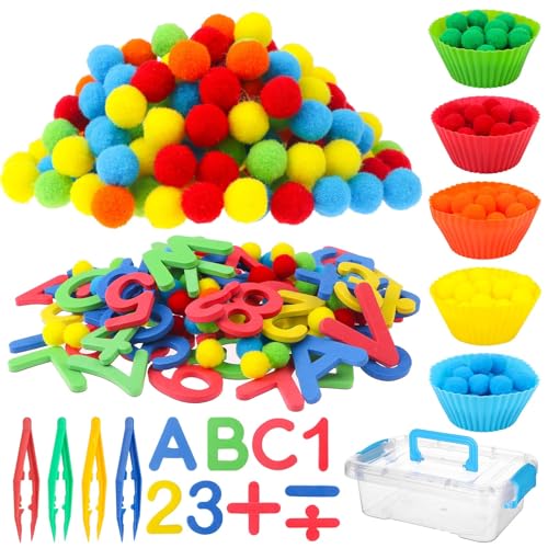 286Pcs Letters and Numbers Sensory Bin Filler Fine Motor Toys Counting Sorting 200 Felt Pompoms 76 Magnetic Letters Numbers 4 Tweezers 5 Silicone...