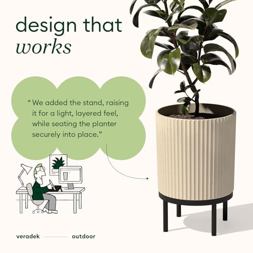 Image of Veradek Demi Series Round Planter w / Stand for Porch /Patio | Durable Plastic-Concrete & Wooden Stand | Modern Decor for Tall Plants, Flowers