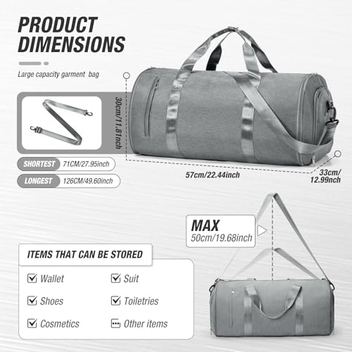 Garment Bags For Travel,Convertible Garment Bag With Shoulder Strap,Professional Carry On Duffel Bag For Men Women-2 In 1 Hanging Foldable Weekender Travel Suit Bags,Grey3