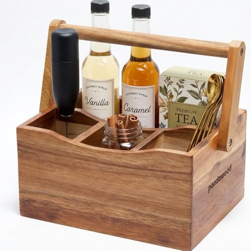 PANDAWOOD Wooden Silverware Caddy - Rustic Utensil Holder for Parties & Countertop - 4 Compartment Flatware Organizer with Handle - Farmhouse Kitchen Napkin & Cutlery Storage