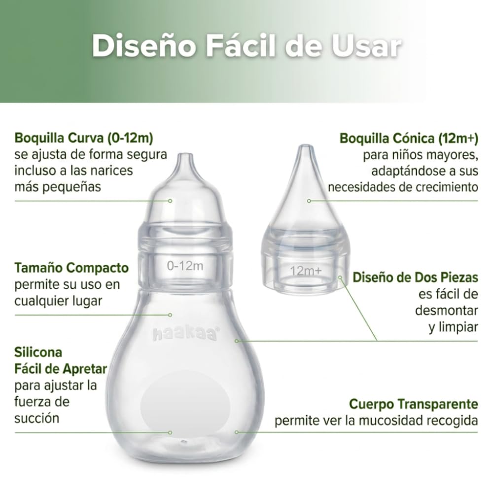 haakaa Aspirateur Nasal Bébé en Silicone, Mouche-Bébé Manuel Easy-Squeeze, Nettoyeur de Nez pour Nouveau-né et Tout-petit 0M+, Transparent, avec 1 Embout de Rechange