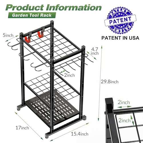 Garden Tool Organizer Rack Up to 50 Tools, Heavy-Duty Steel Yard Tool Organizer for Garage Storage with 11 Hooks, Broom Holder & Garden Tool Rack for Shed, Patio, Outdoor Use, Black - Image 2