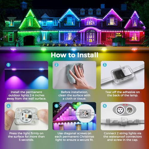 Image of LunaSync Permanent Outdoor Lights, 150ft RGBIC Smart LED Eaves Lights with App & Remote Control, IP67 Waterproof, 50 Scene Modes for Christmas, Holiday, Pool Party & Daily Decor
