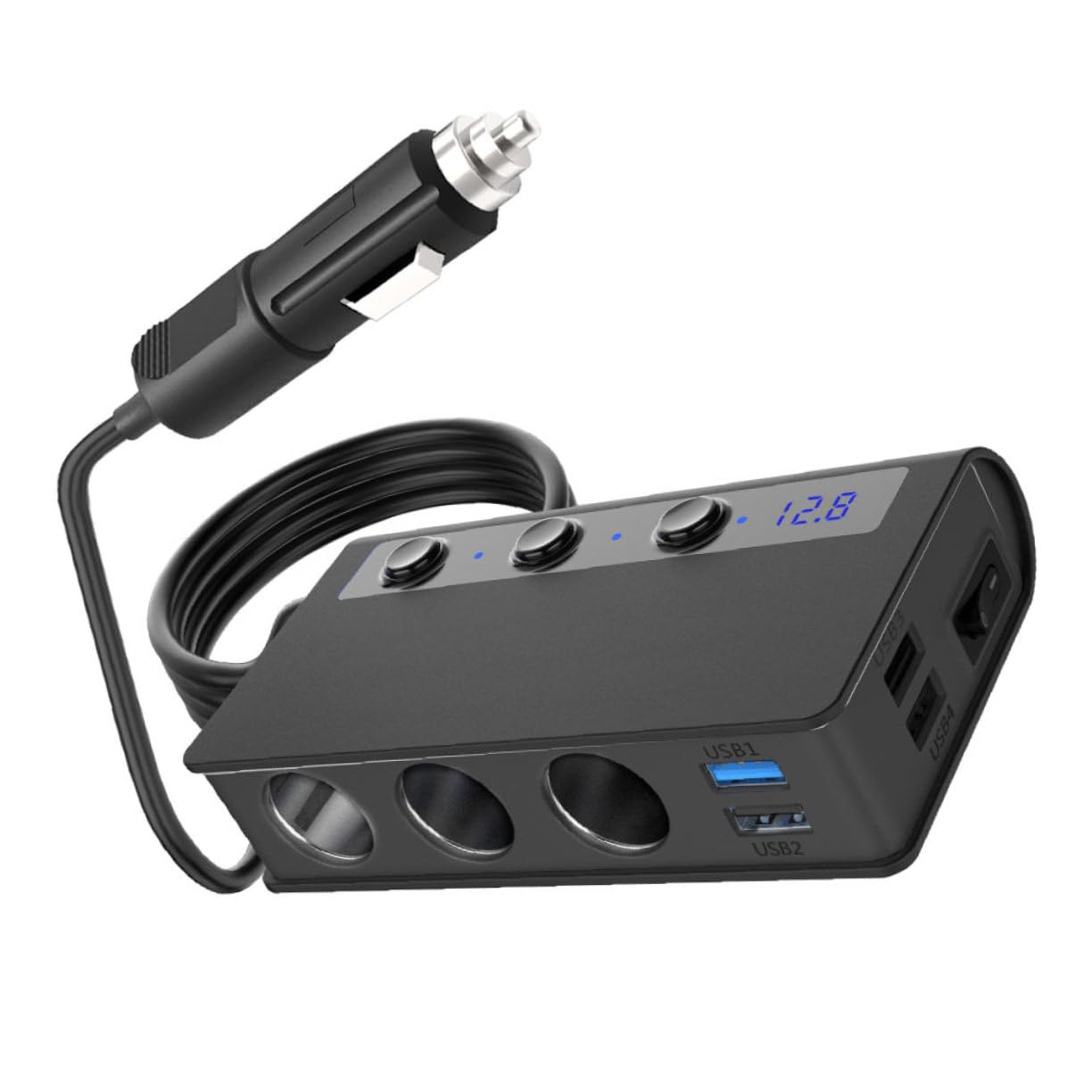 Mikinona Cargador de Mechero para Coche 180w, 4 Puertos USB, Adaptador Divisor Interruptor Independiente, Indicador Led, para Coche