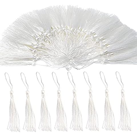 Tucireat Quasten Weiß 100 Stück Tassels Quasten Lesezeichen Quasten Anhänger Quastenborte Quaste Tassel Girlande Quasten Gerade Quaste mit Schlaufe für DIY Handwerk Cover