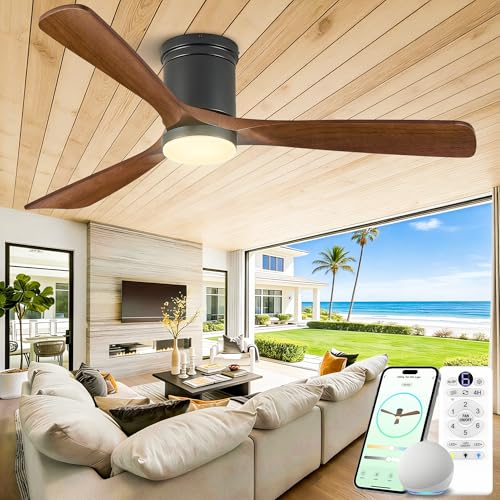 PIGOABZ Smart Flush Mount Ceiling Fans with Lights, 60 Inch Low Profile Ceiling Fan with Alexa&Remote Control, 3 Solid Wood Propeller Blades ETL Listed Modern Outdoor Ceiling Fans for Bedroom Patio