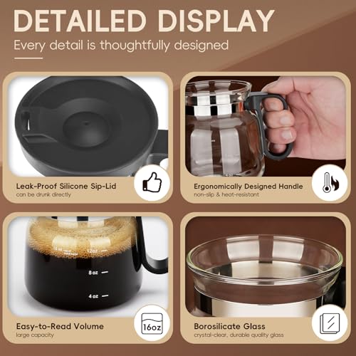 2pcs Coffee Pot Mug with Lid,16Oz Mini Glass Coffee Pot Coffee Mug Set with Spill Proof Lid & Heat Proof, Novelty Coffee Pot Cup for Coffee Lovers Gifts (2PCS) - image 4