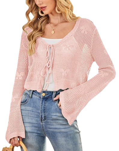 Image of Balimtoy Women Tie Front Cardigan Crochet Sweater Crop Tops Cute Bell Long Sleeve Knit Shrug Beach Vacation Cover Up