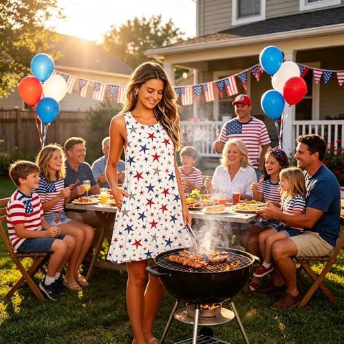 Image of Roshop Womens Juneteenth Flag Sleeveless Dress 4th of July Patriotic Swing Sundress with Pockets