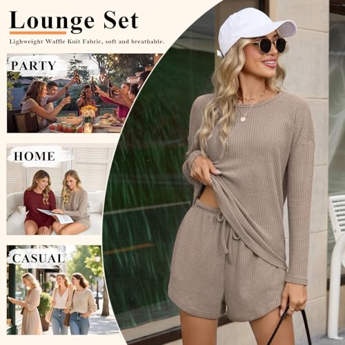 Image of Anydoll Womens Pajama Sets Waffle Knit Lounge Sets Long Sleeve Top and Shorts 2 Piece Loungewear with Pockets