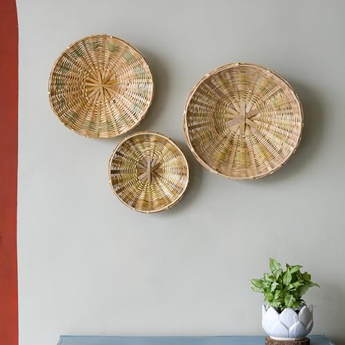 Bamboo Baskets For Wall Decor, Art and Utility Storage| Gift Hamper Basket - Beige (Set of 3)