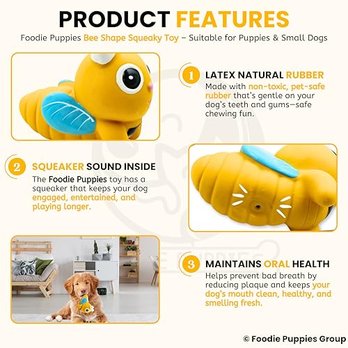 Image of Foodie Puppies Dog Squeaky Chew Latex Rubber Toy - (Bee) | for Small Dogs & Puppies | Durable, Soft, Animal Design, Fetch & Chew Safe Play Toy | Reduce Separation Anxiety (Size: 10cm)