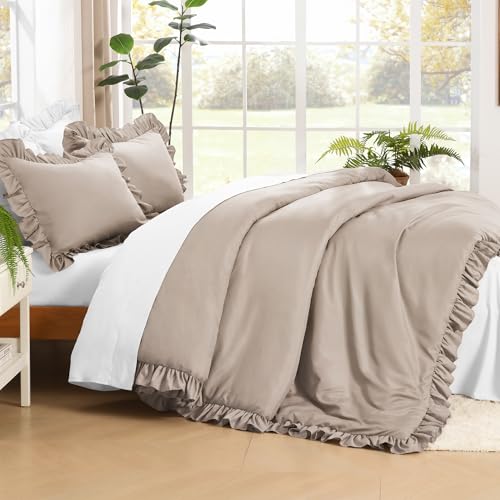 Image of Litanika Light Coffee King Size Comforter Set, 3 Pieces Ruffle Farmhouse Aesthetic Bedding Comforter Set, All Season Soft Lightweight Fluffy Microfiber Bed Set(104x90In Comforter, 2 Pillowcases)