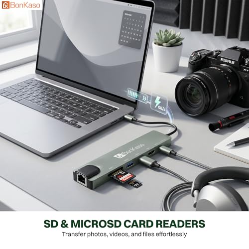 Image of BonKaso 8-in-1 USB C Hub with 4K HDMI, 100W PD Charging, Gigabit Ethernet, 3 USB 3.0 Ports, SD /TF Card Reader, Type C Multiport Adapter for MacBook Pro /Air, Dell, HP, Lenovo, iPad Pro & USB-C Laptops