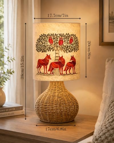 Image of Homesake Handwoven Rattan Table Lamp with Fabric Shade, Boho Bedside Lamp for Bedroom, Decorative Cane Lamp for Living Room, Warm Ambient Lighting, Raffia Spinning Home Decor, Gond Shade
