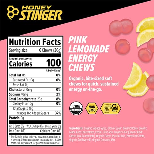 Image of Honey Stinger Organic Pink Lemonade Energy Chew, Gluten Free & Caffeine Free, for Exercise, Running and Performance, Sports Nutrition for Home & Gym, Pre and Mid Workout, 21.6 Ounces (Pack of 12)
