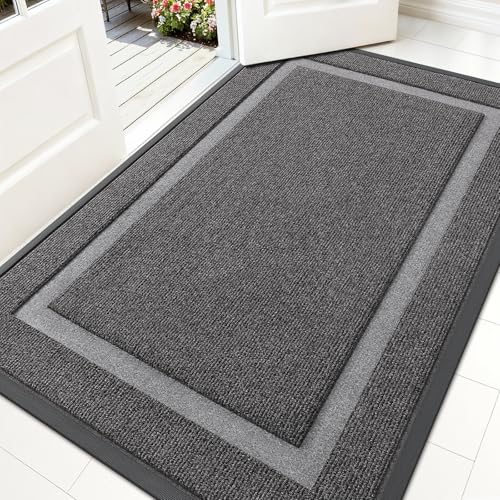 Image of OLANLY Front Door Mat Indoor Outdoor Entrance, Waterproof All-Season, All-Weather Doormat, Sturdy Natural Rubber, Fade Resistant, Low Profile, Easy Clean Patio Porch Entryway Mat, 59x34, Dark Grey
