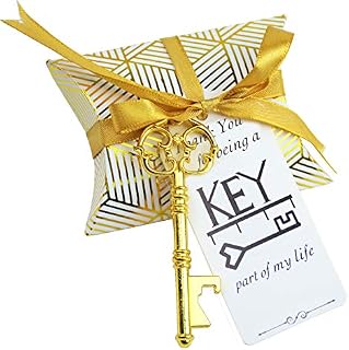 Makhry 50pcs Wedding Favor Souvenir Gift Set Pillow Candy Box Vintage Skeleton Key Bottle Openers Escort Thank You Tag French Ribbon (Gold B)