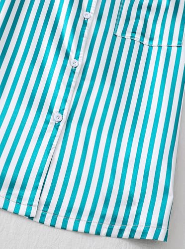 Image of Remidoo Women's Silk Satin Pajama Set Striped Button Down Pjs Short Sleeve Loungewear Green X-Large