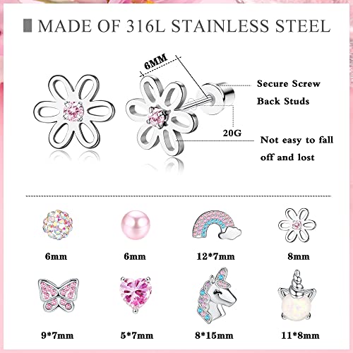 Zelores 8 Pairs Cute Screw Back Earrings For Women Pink Cz Heart Unicorn Stud Earrings Stainless Steel Flower Butterfly Screwback Earrings Set (Set1) #TOP3