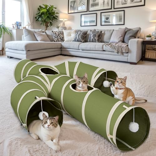 Image of Ownpets Cat Tunnel Large 12 inch Diameter, Cactus-Shaped Cat Tunnel Toy, Sturdy Oxford Fabric Collapsible Cat Tunnels for Indoor Cats, Interactive Peek Hole Pet Tunnel Tube with Cat Wand Toy, Green